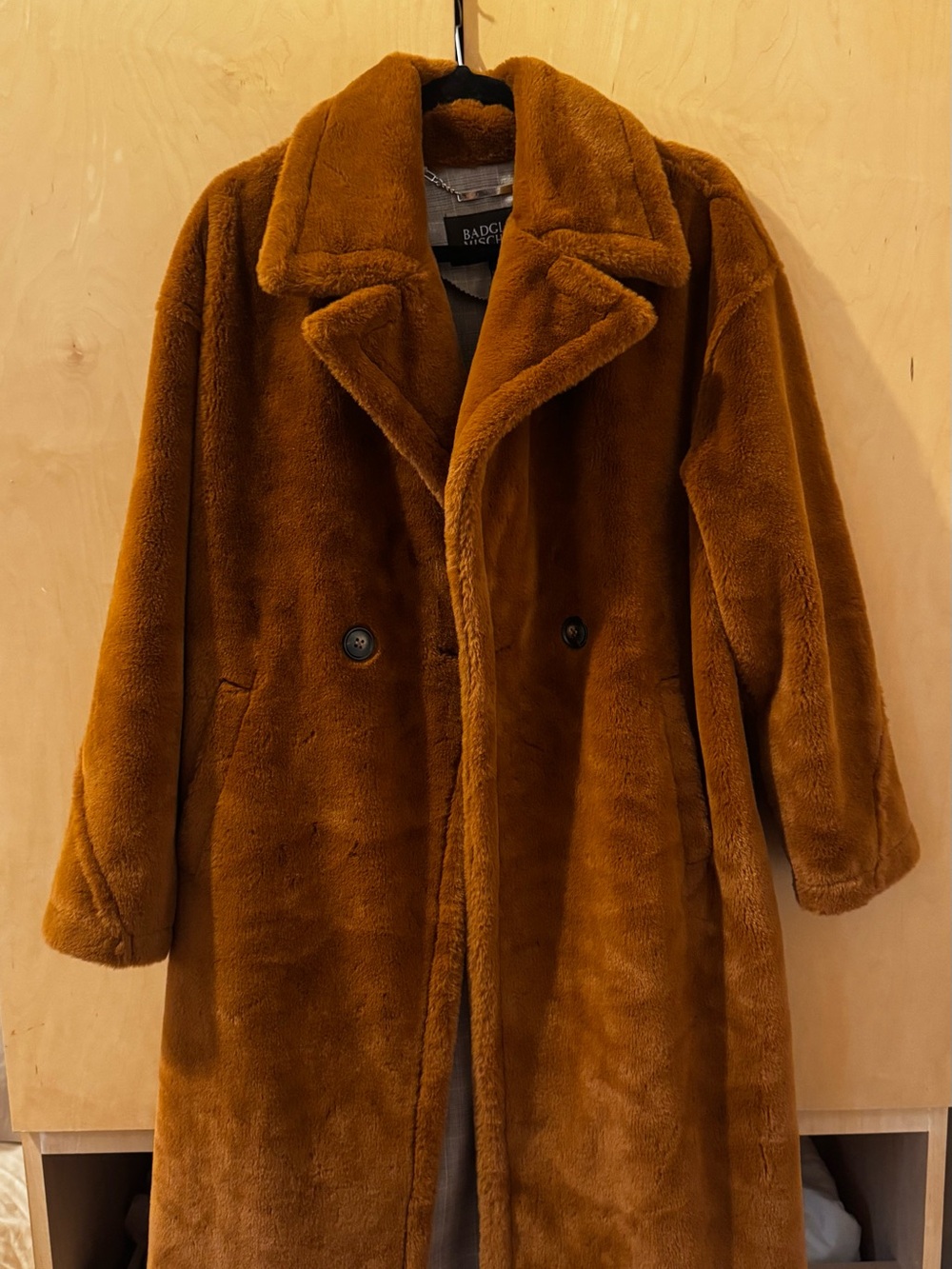 Badgley Mischka Plush Faux Fur Coat in Warm Brown
